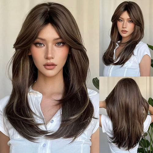Long Straight Synthetic Wig with Bangs – Ombre Brown
