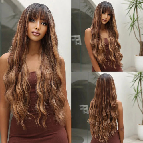 Perruque Synthétique Longue et Lisse avec Frange – Ombré Brun Blond
